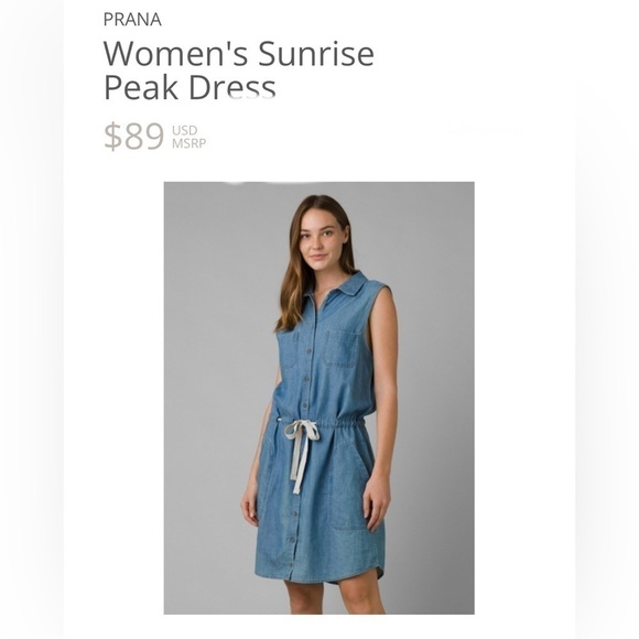 Prana Sunrise Peak Denim tie Waist Button Down Dress w Chic Oversized Pockets SM - Picture 2 of 9